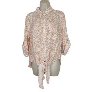Lost Wander Button Up Tie Front Top Women Size S Pink White Floral 3/4 Sleeve